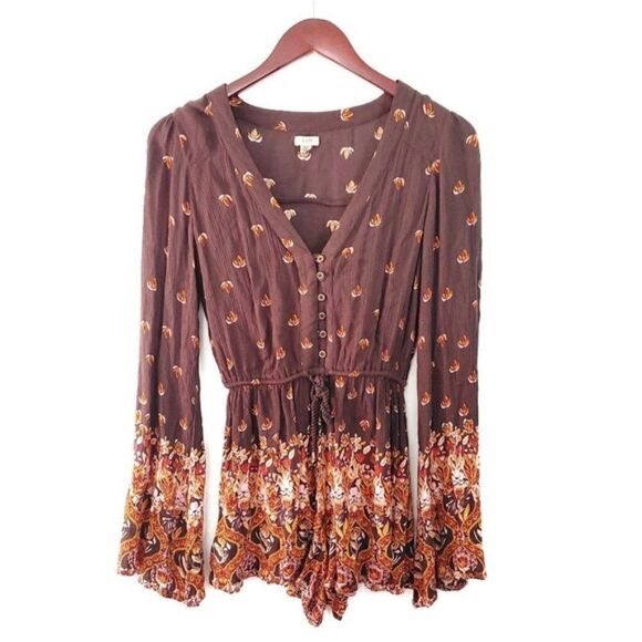 Urban Outfitters Helena Romper Size XS Brown Orange Boho - Picture 2 of 6